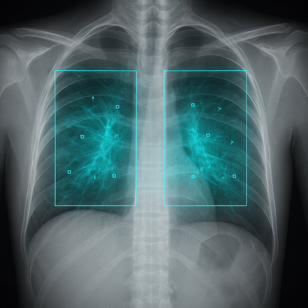 Radiografia de tórax analisada por inteligência artificial com regiões pulmonares destacadas